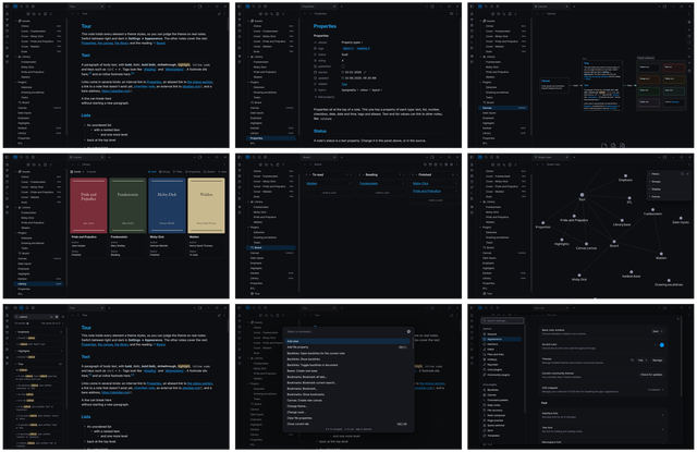 Nine of the audit's scenes in dark mode, on desktop