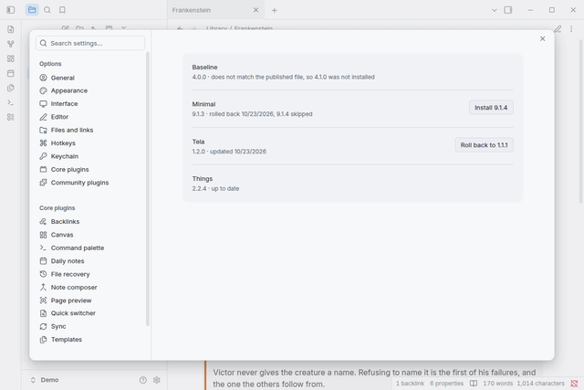 The settings tab: one theme held back for local edits, one rolled back with its skipped version ready to install, one updated with a Roll back button, one up to date